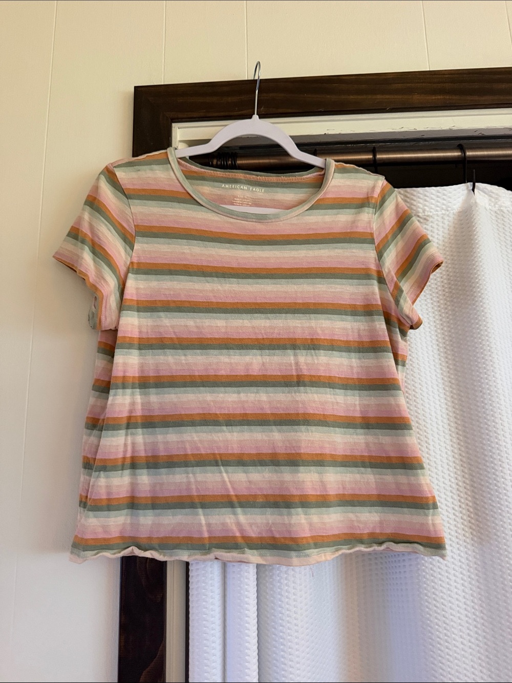 American Eagle Outfitters Striped Crewneck Tee - Pink, Green & Cream